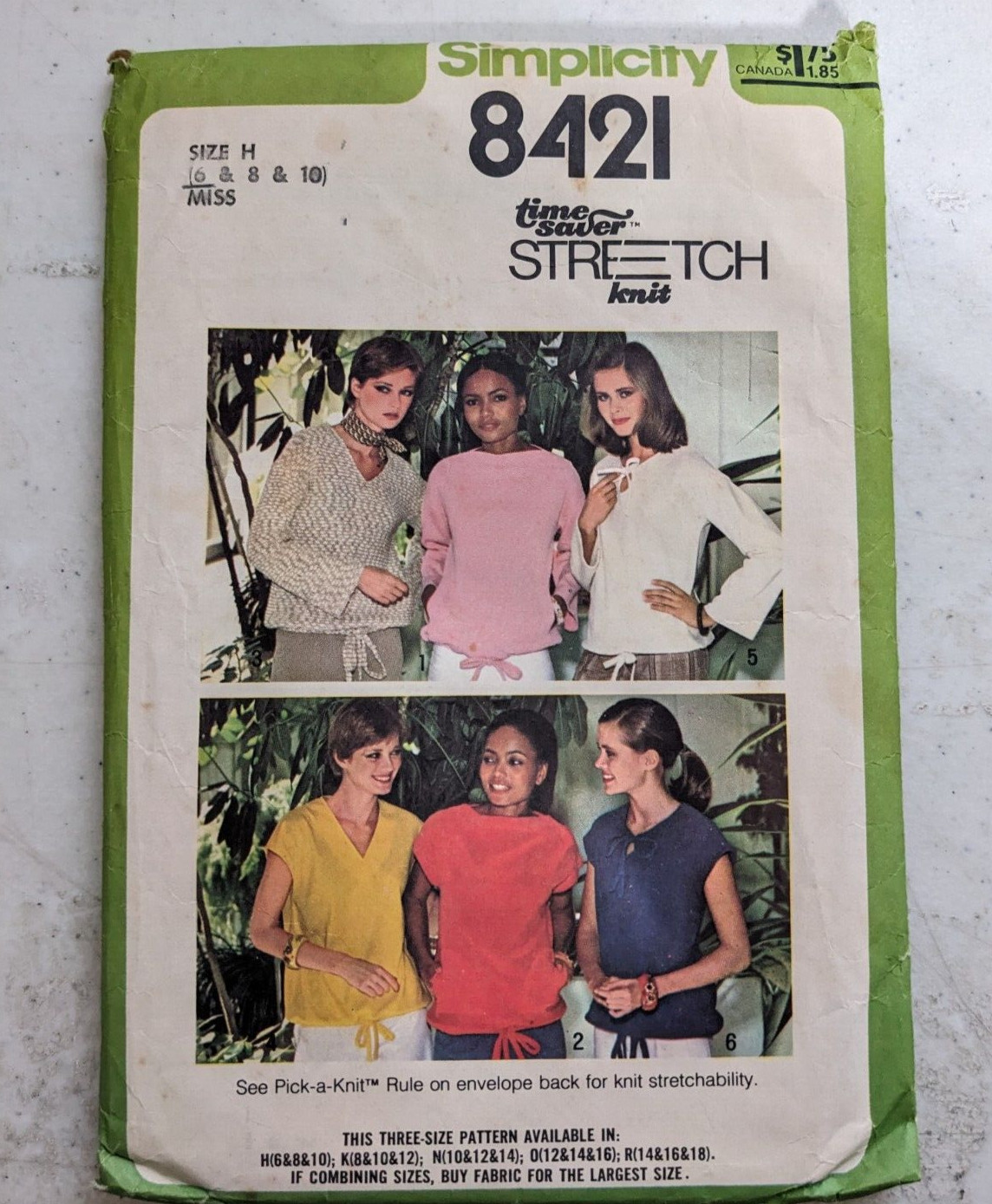 Vtg Simplicity Pattern 8421 Pull-Over Knit Tops Drawstring Waist Miss 6 CUT 1978