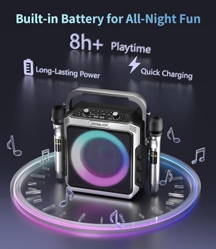 Portable Karaoke Machine 2 Wireless Microphones Bluetooth Speaker LED Lights