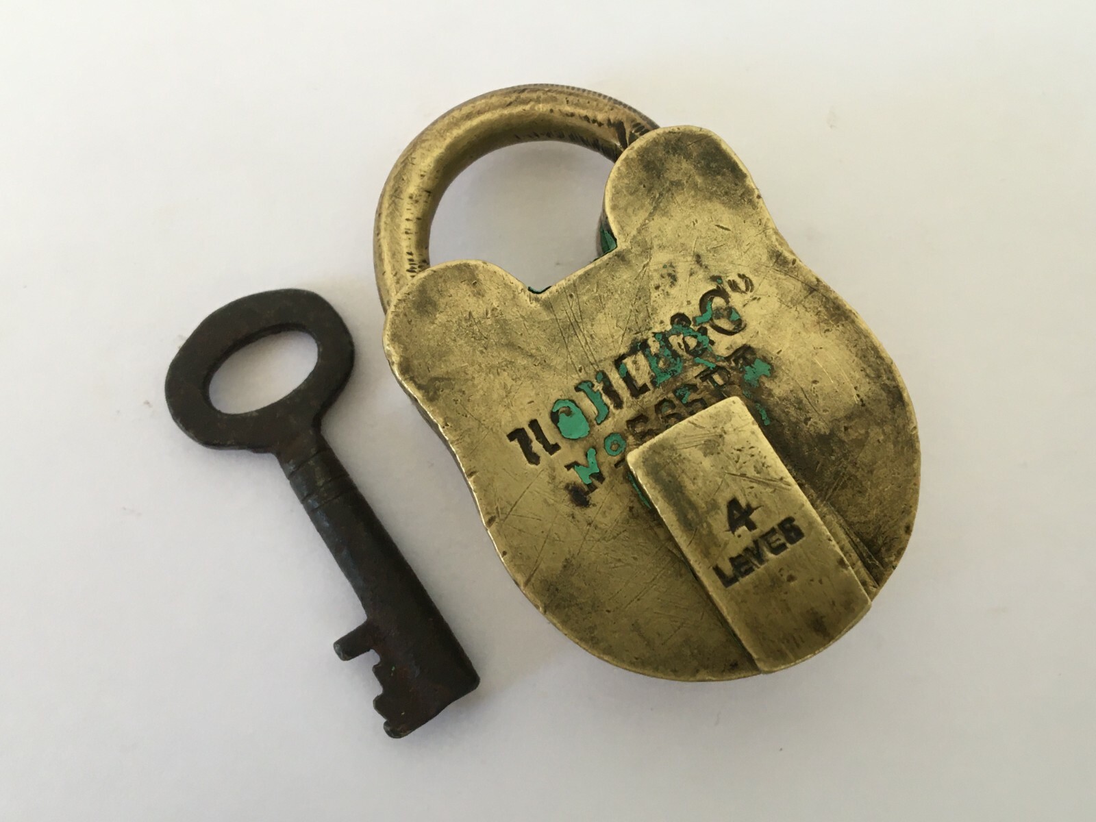 Lock Old Vintage Brass Padlock With Key Rich Patina Collectible hoppes 4 Levers