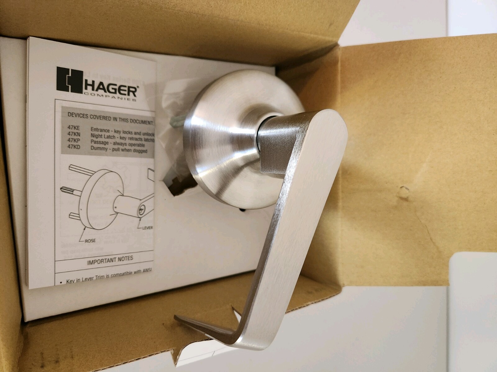 Hager 47KP Exit Device Lever-Passage Withnell Lever US32D #109799