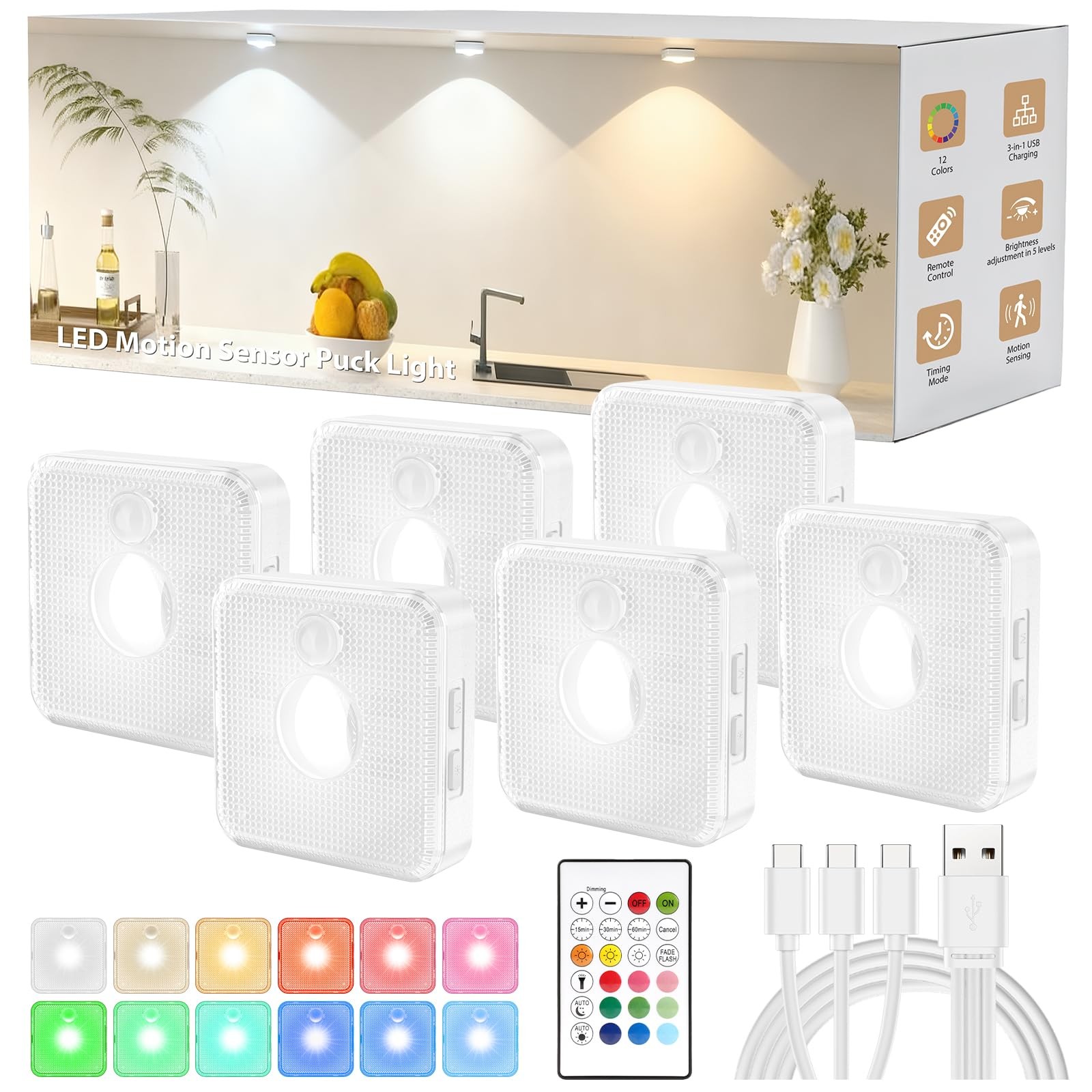 6 Pack Under Cabinet Lighting, Puck Lights with Remote,Motion Sensor Light In...