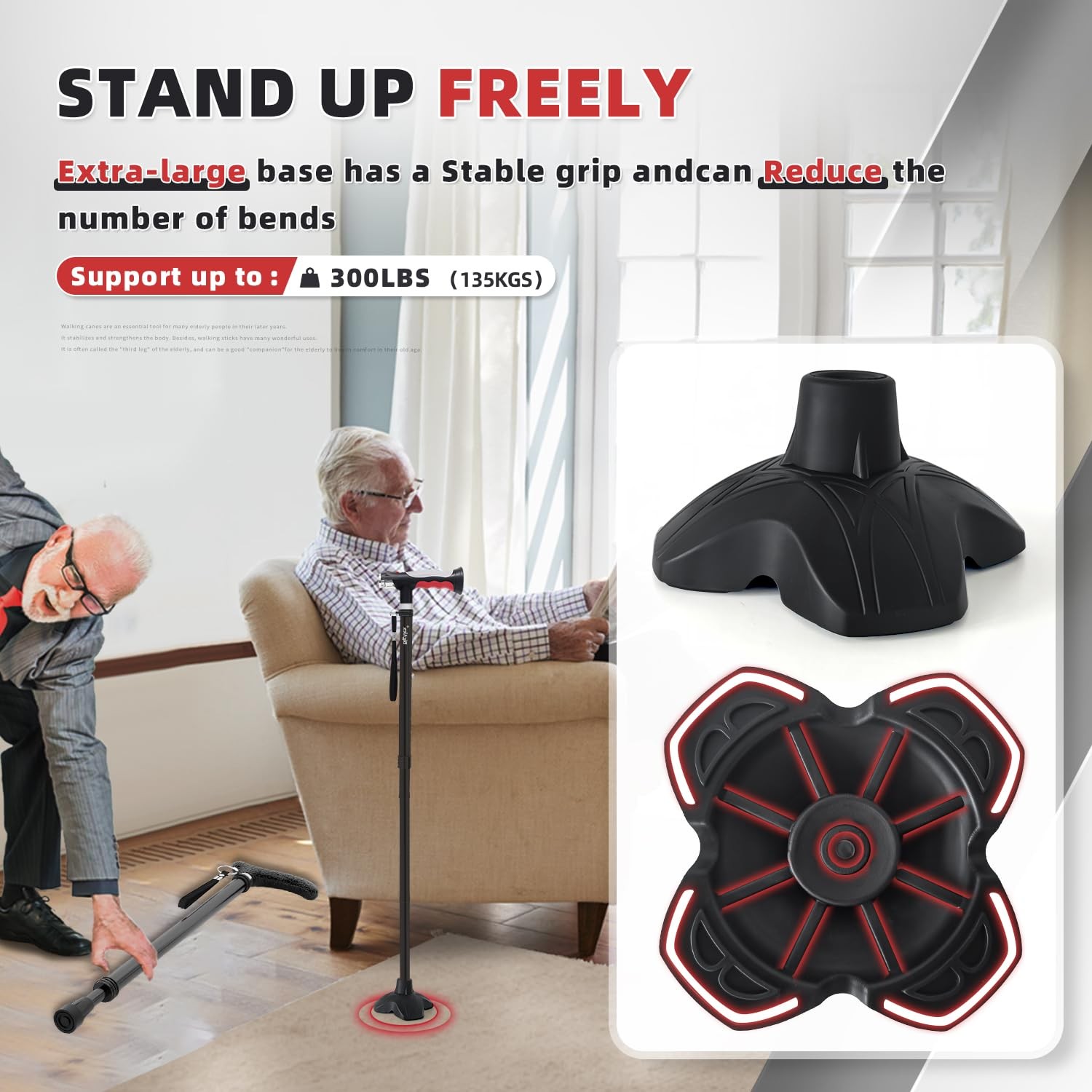 Folding Cane with 2 LED Lights, 8 Adjustable Heights, Solid Base - Comfortable