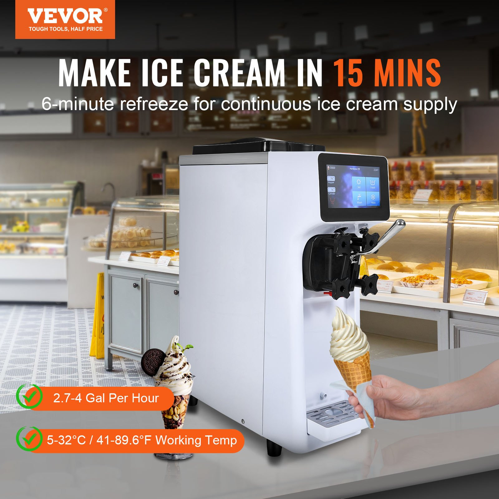 Commercial Soft Serve Ice Cream Machine 1000W 10.6 QT/H Countertop