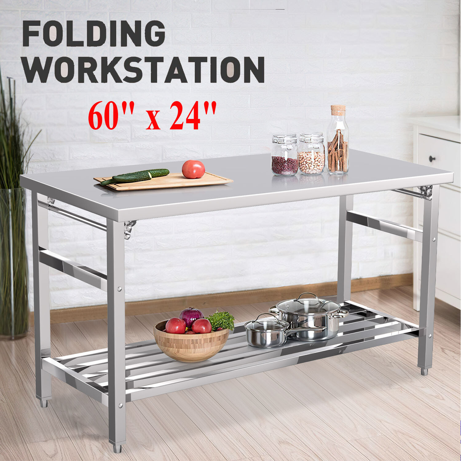 Stainless Steel Workbench 24 x 60 Inche Folding Table with Adjustable Undershelf
