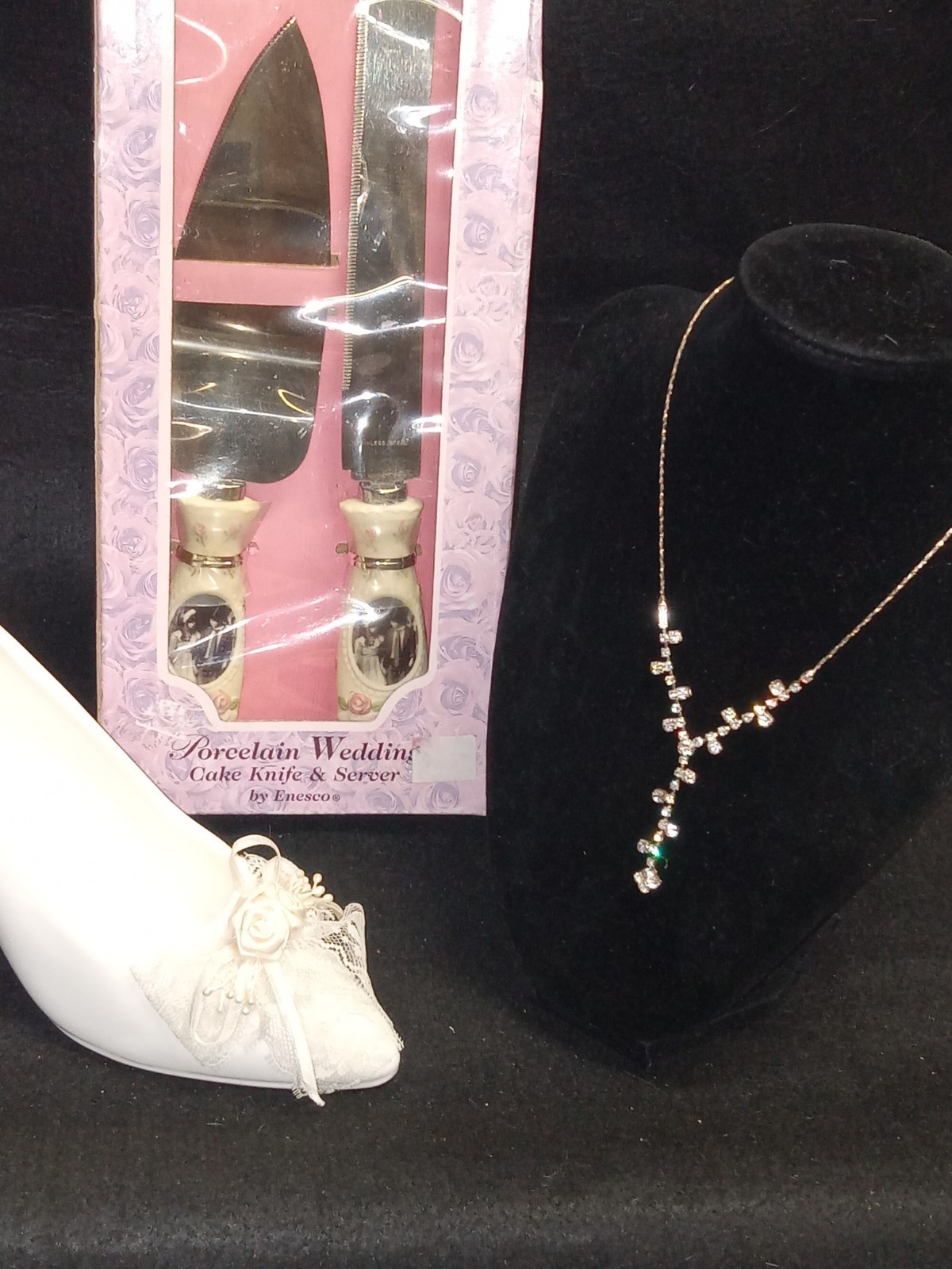 Pretty As A Picture Porcelain Wedding Cake Set by Enesco, Shoe & Necklace