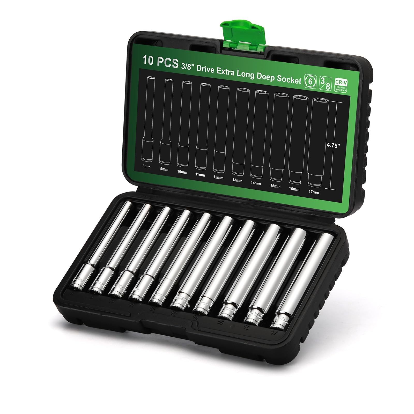 10PCS 3/8-Inch Drive Extra Deep Metric Socket Set, 6 Point, 8mm to 17mm, No S...