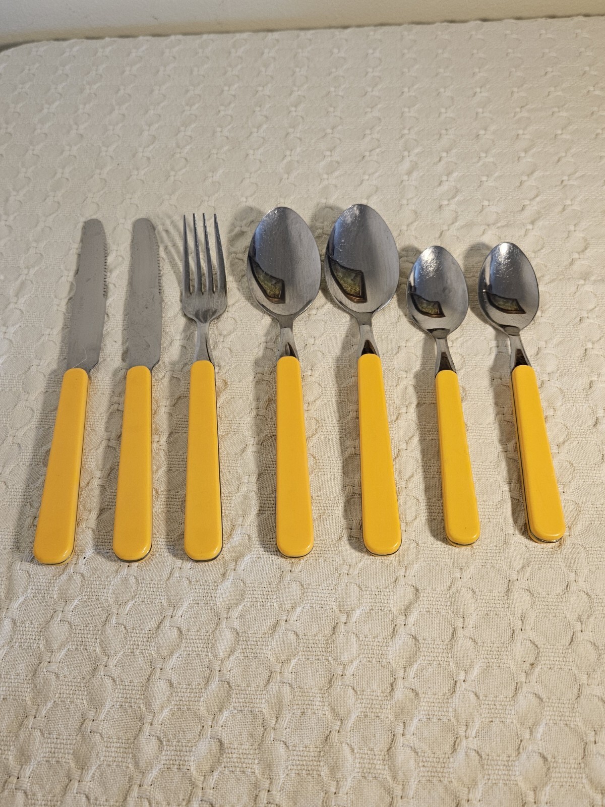 7pc Lot Yellow Plastic Handle Flatware, Knives Fork Spoons Thailand Unbranded