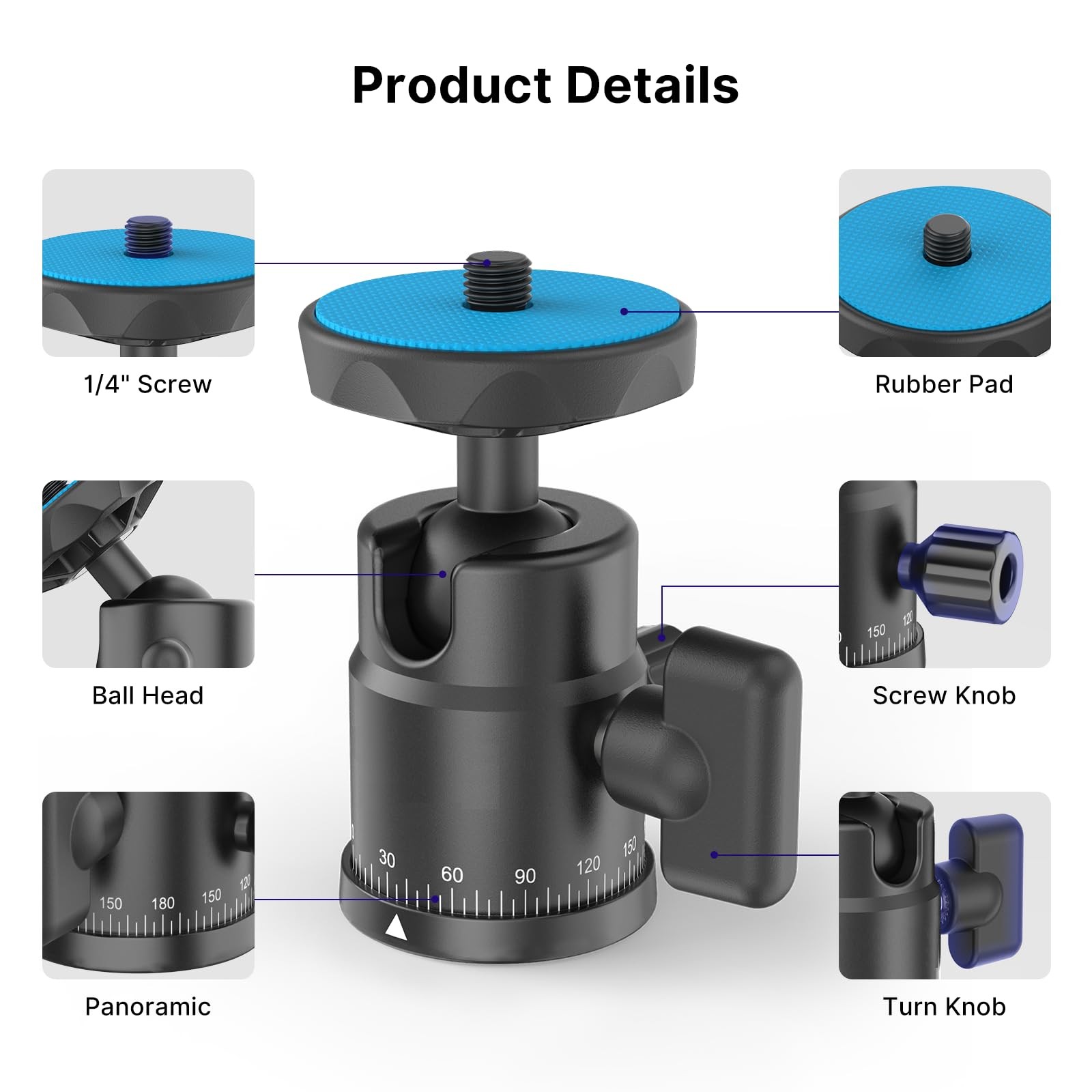 Mini Ball Head, rubesee Panoramic Camera Tripod Head with 1/4" Screw black