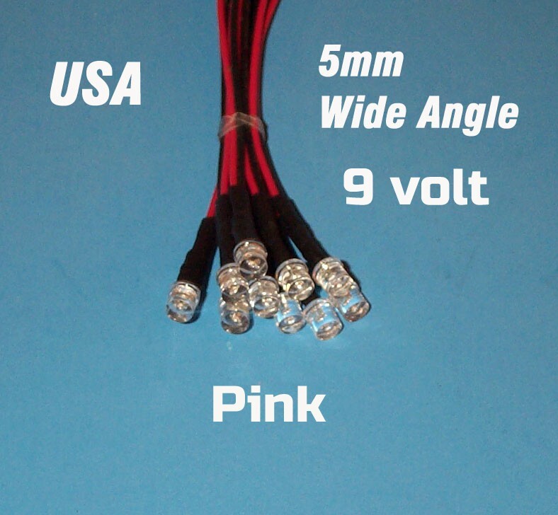 10 pcs LED 5mm PRE WIRED LEDS 9 VOLT WIDE PINK PREWIRED 9V