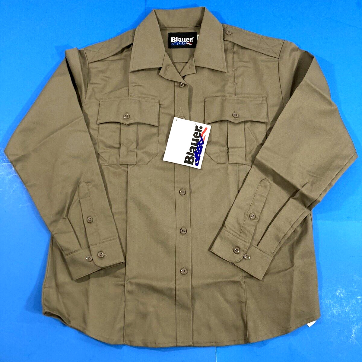 NEW BLAUER LARGE REG WOMENS LONG SLEEVE COTTON BLEND SHIRT 8703WX SILVER TAN