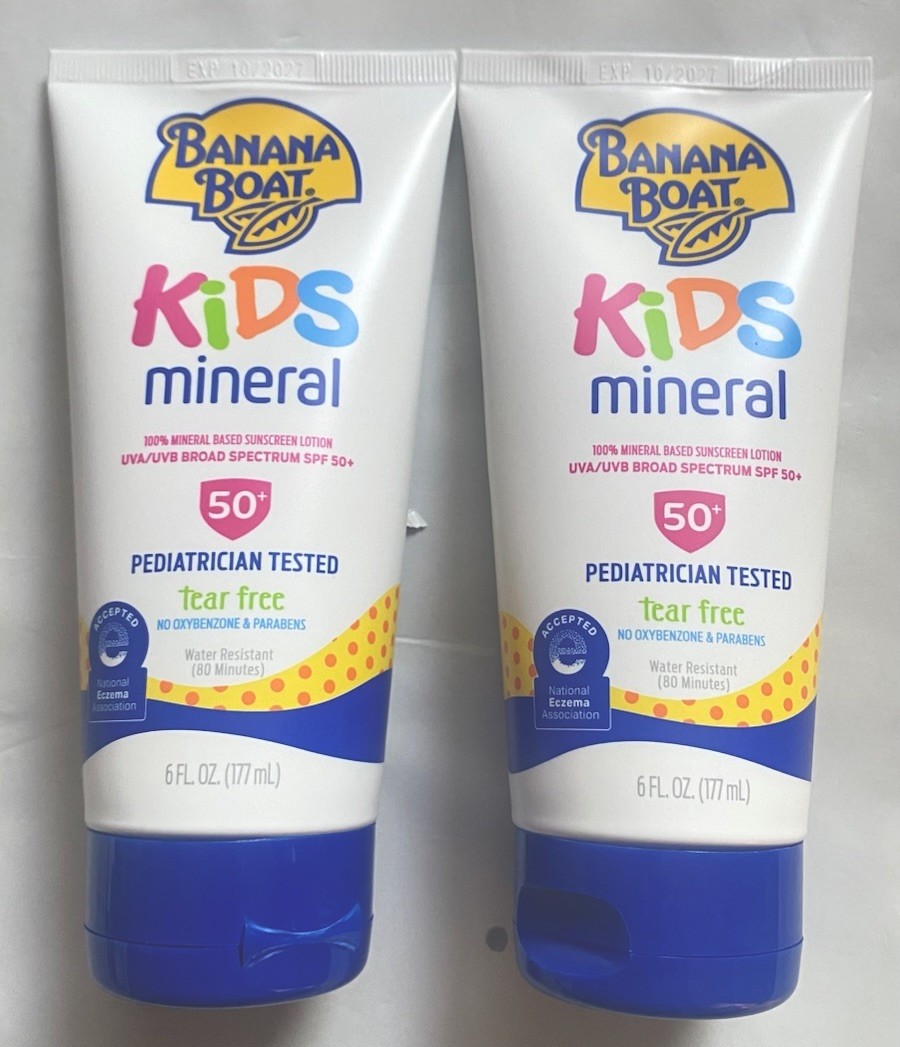 2 Banana Boat Kids Mineral Sunscreen Lotion SPF 50+ 6 fl oz Exp 01/27 Tear Free