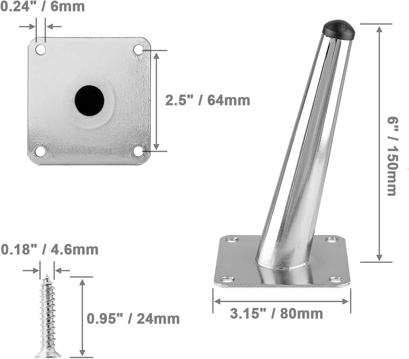 4pcs 6 Inch Furniture Legs, Oblique Conical Metal Legs Chrome Mid-Century Sty...