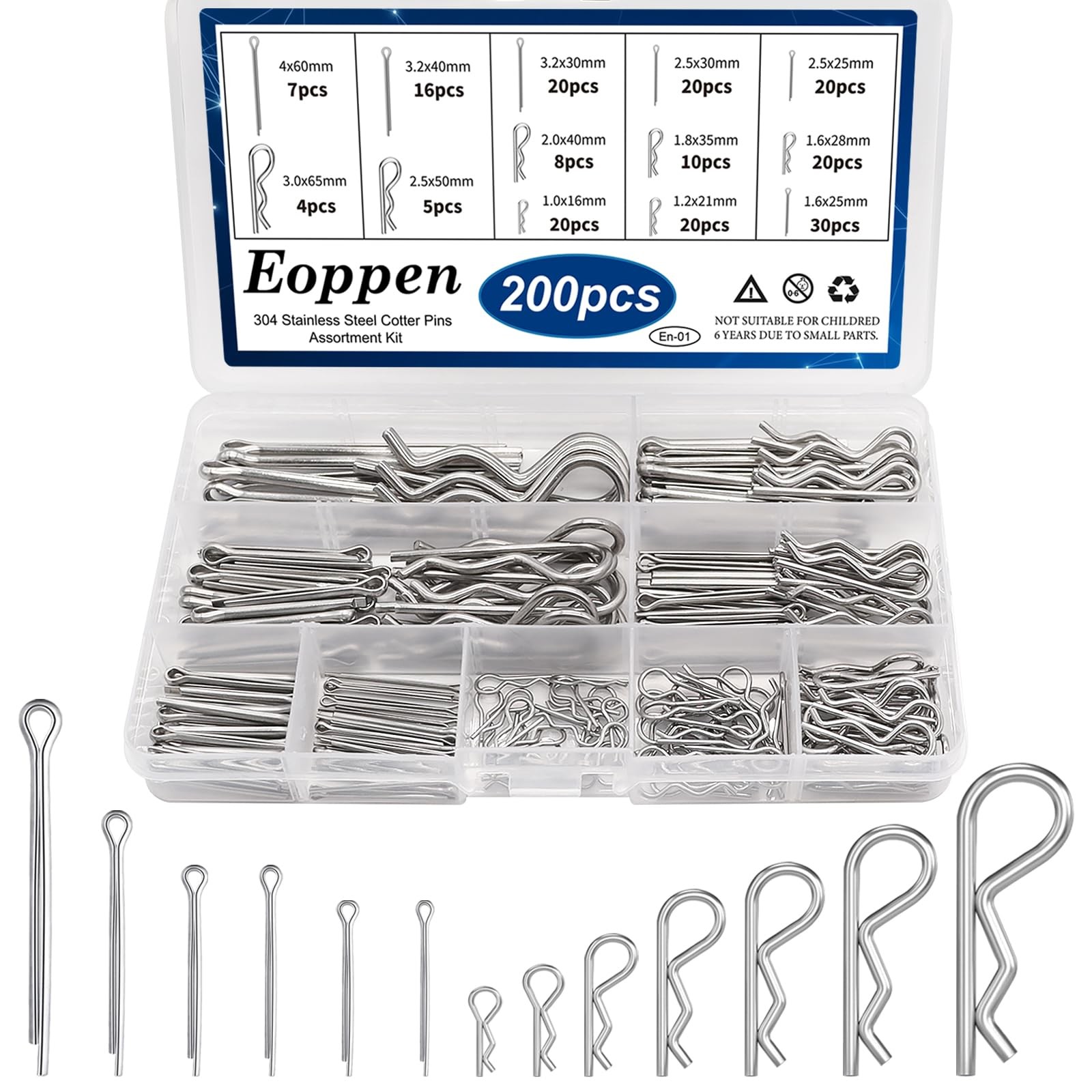 Eoppen Cotter Pin Assortment Kit - 304 200Pcs - Pins & R Clips, Silver
