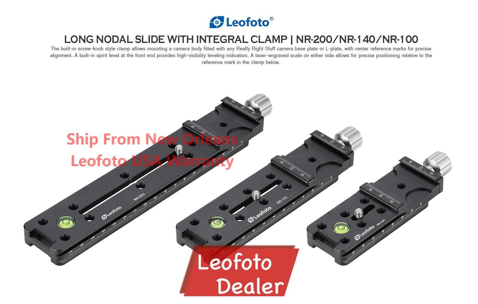 Leofoto NR-100mm /NR-140mm /NR-200mm Long Nodal Slide with Clamp USA Stock