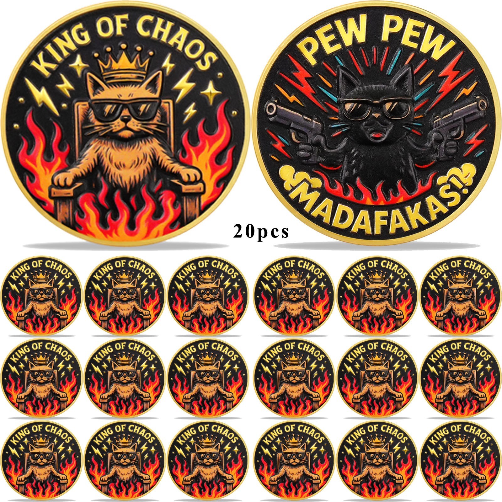 20pcs Funny Challenge Coin "Pew Pew" "King of Chaos" Cat Themed Collectible Coin