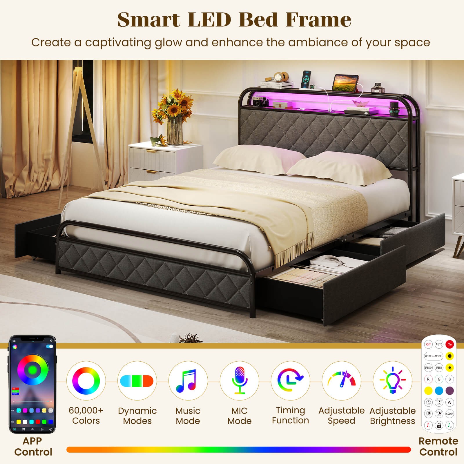 Full Size Bed Frame with LED Lights & Charging Station Storage Headboard
