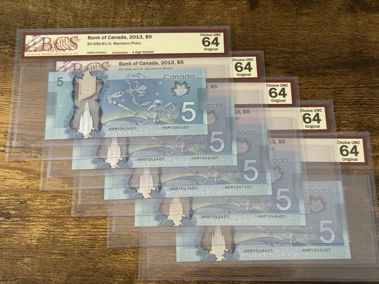 RARE CONSECUTIVE RADAR RUN - Canada $5 Frontier - HBM Pref - BCS 64 Choice UNC