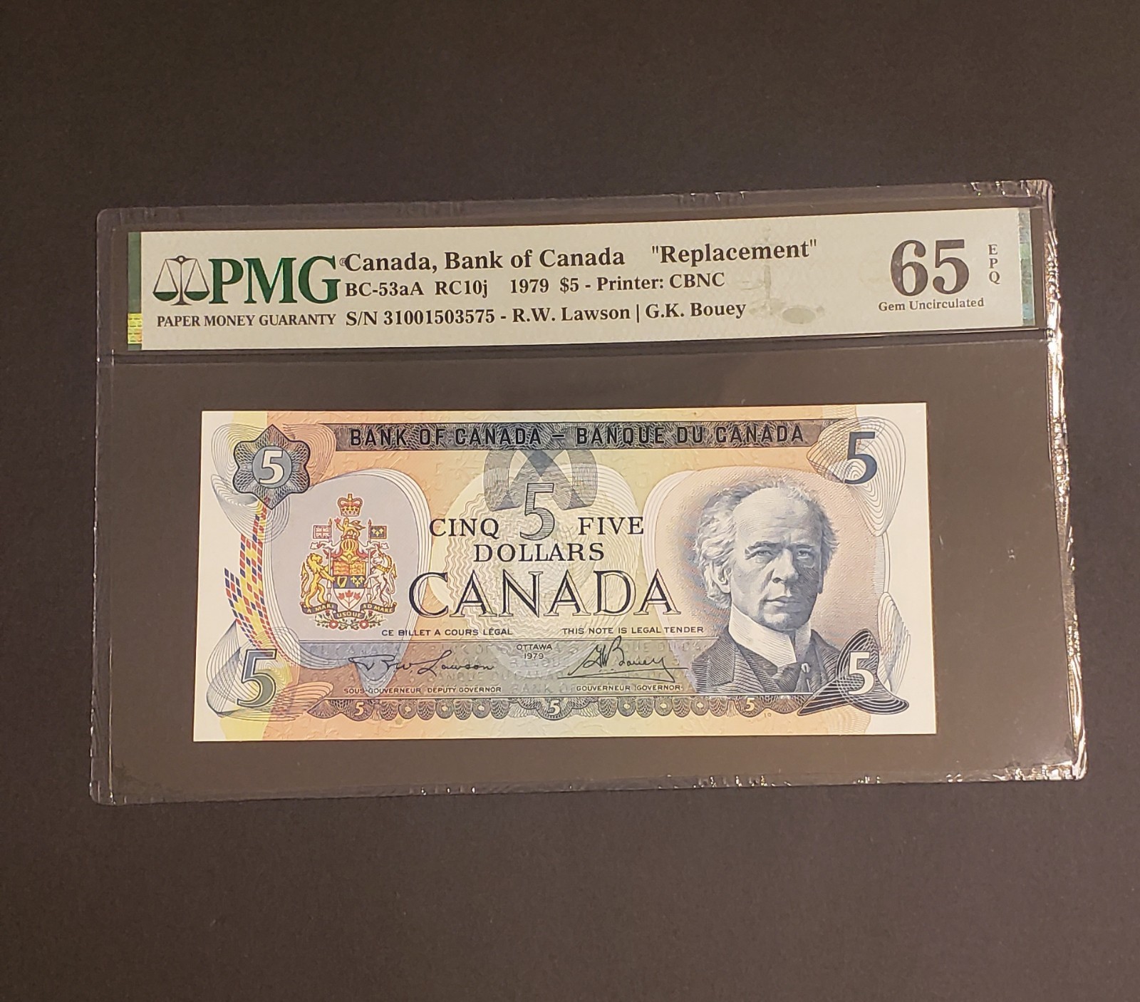 1979 Bank of Canada $5 REPLACEMENT Banknote. Lawson & Bouey Signed. GEM UNC-65.