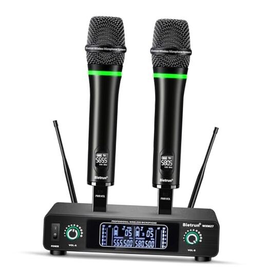 Wireless Microphone, Rechargeable Metal Dual UHF Cordless Dynamic Handheld