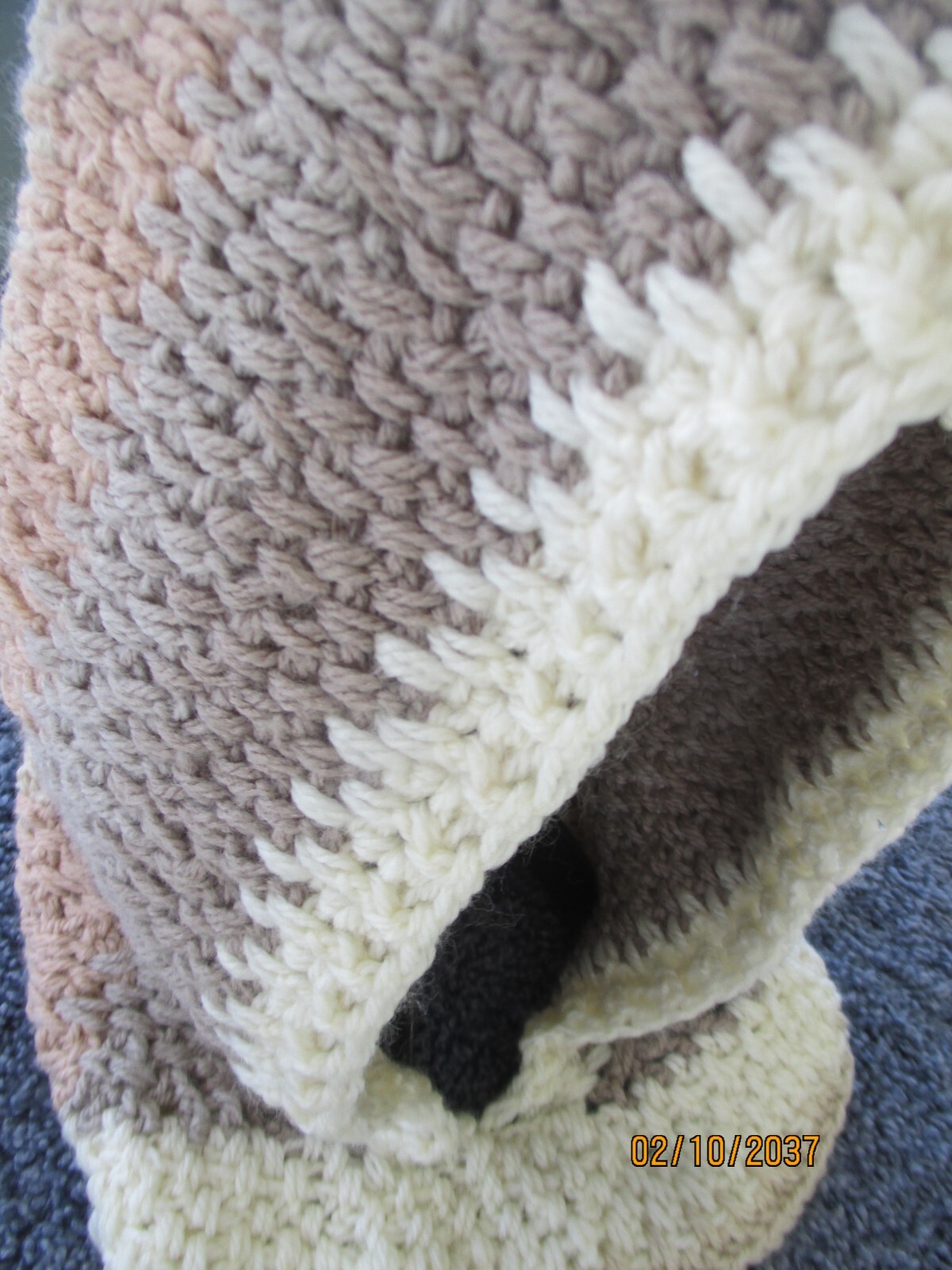 Hand Crocheted Hat & Scarf Combo  CREAM & Shades of BROWN Acrylic LG Adult Sz