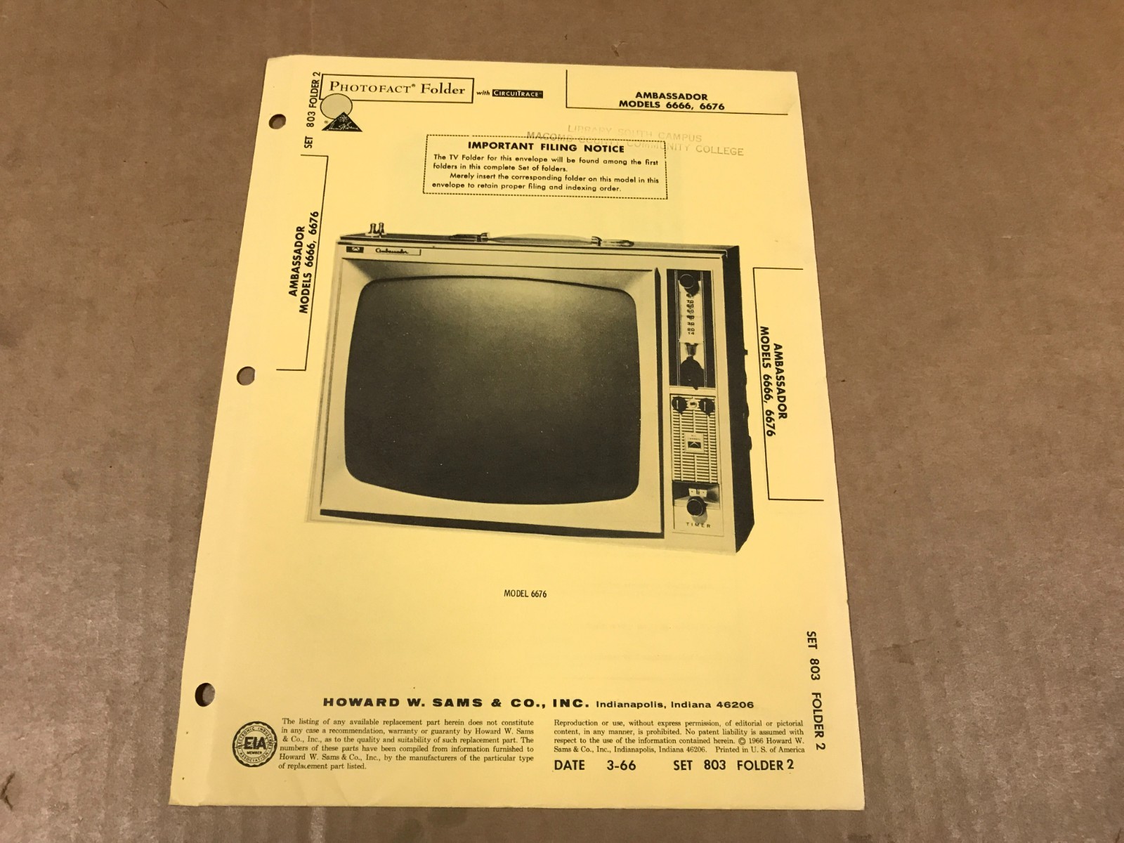 Vintage Photofact Folder - 803-2 - Ambassador TV Models 6666/6676