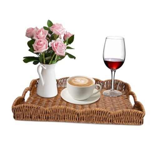 Rectangle Wicker Scalloped Tray, Hand Woven Synthetic Rattan Serving Tray Brown