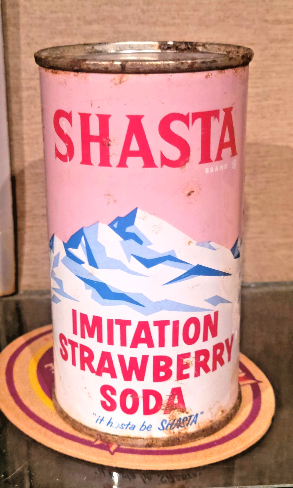 1960S SHASTA IMITATION STRAWBERRY STEEL FLAT TOP SODA CAN SAN FRANCISCO CA PINK