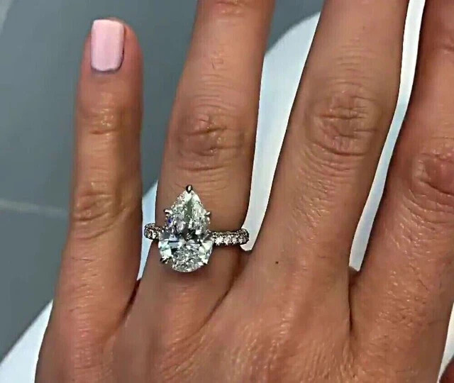 4Ct Pear Cut Real Moissanite Solitaire Engagement Ring 14k White Gold Plated