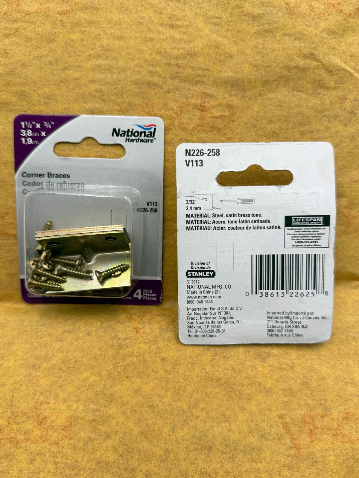 National Hardware N226-258 V113 1-1/2" x 3/4" Satin Brass Steel Corner Braces 4-