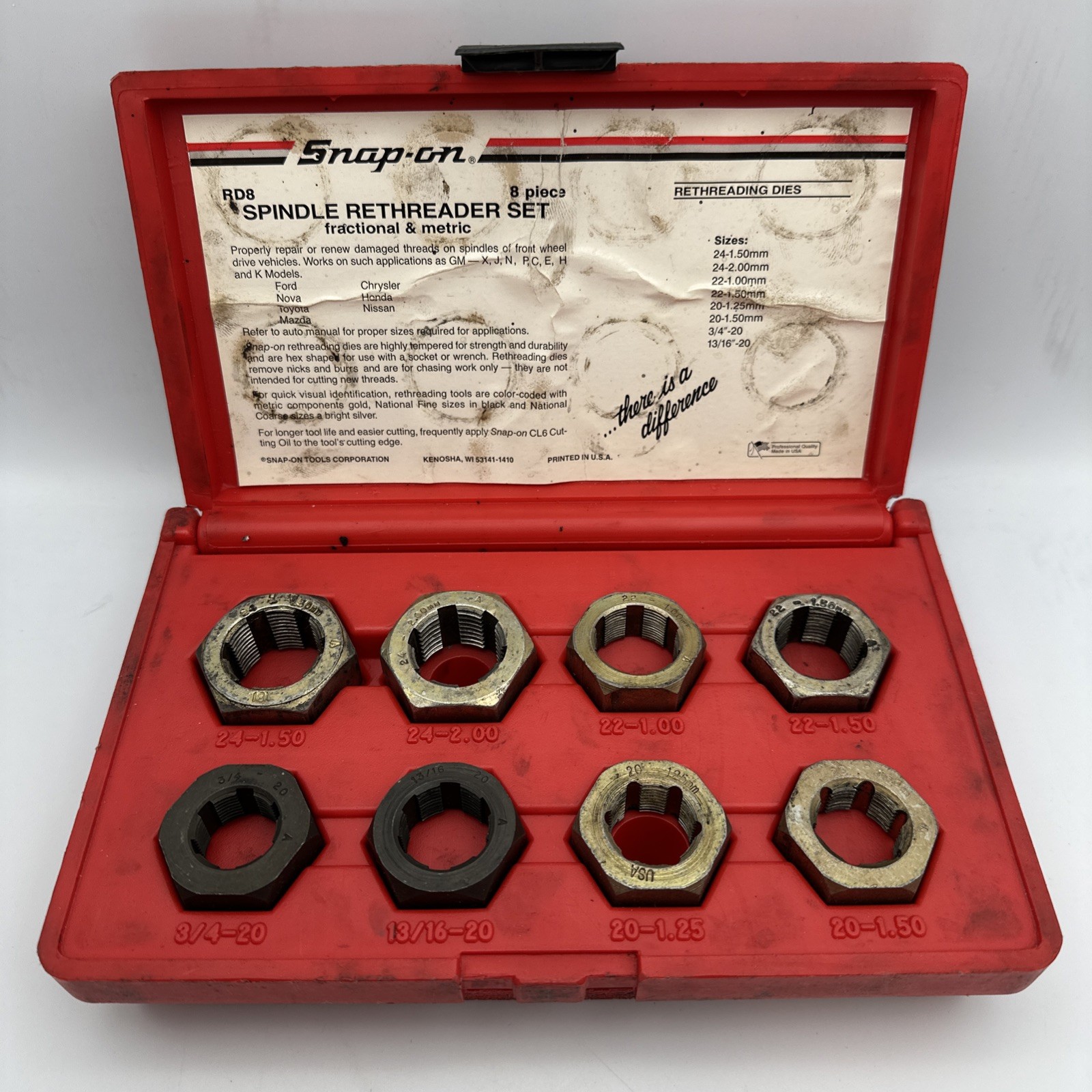 Snap-On RD8 Spindle Rethreading Set CV Joint Axle Fractional & Metric 8pc Kit US