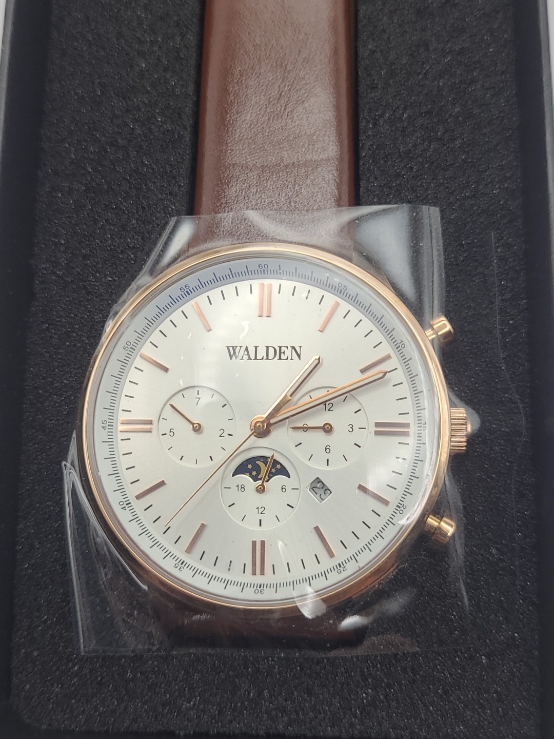 Walden 38mm Moon Phase Men Watch Quartz Rose Gold Tone Brown Band Date Gift New