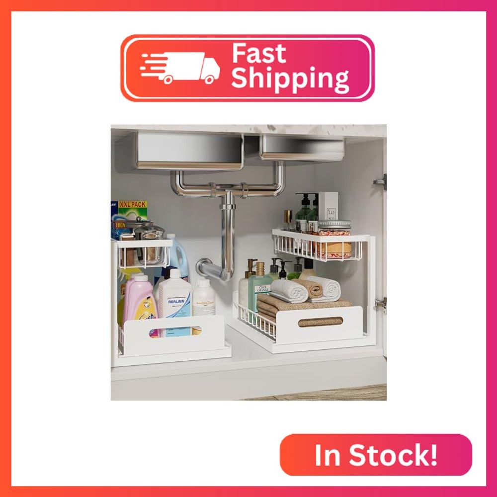 REALINN Under Sink Organizer, L-Shaped 2 Tier Pull Out Cabinet Organizer