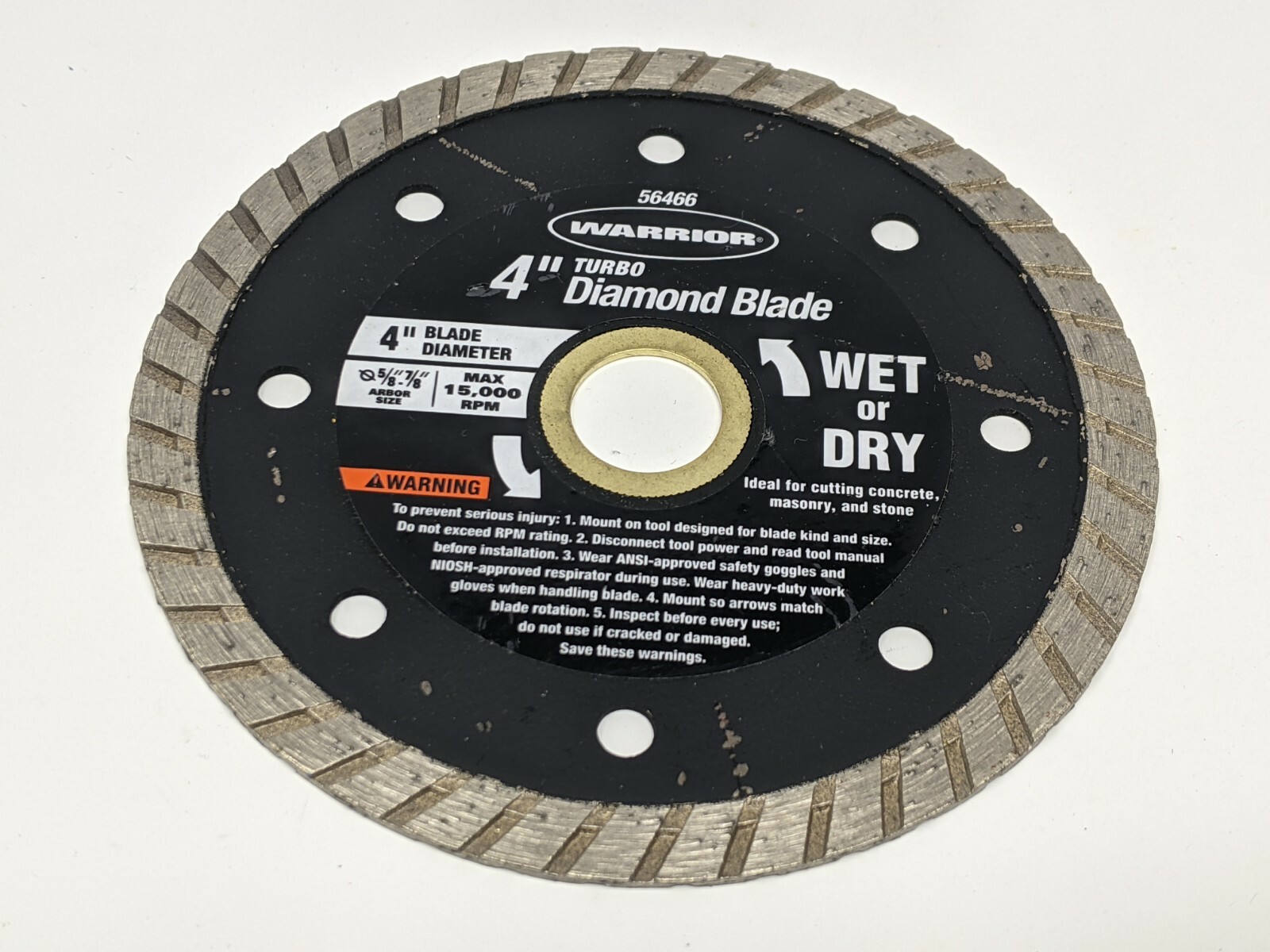 Warrior 4" Turbo Diamond Blade Wet Dry 5/8" -7/8" Arbor 56466 15,000 Max RPM