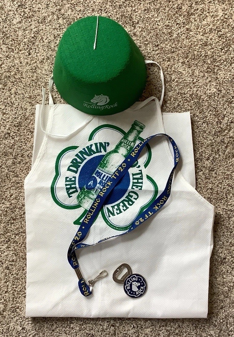Rolling Rock Goodies - Fez Hat, Apron, Lanyard & Metal Bottle Opener - NEW