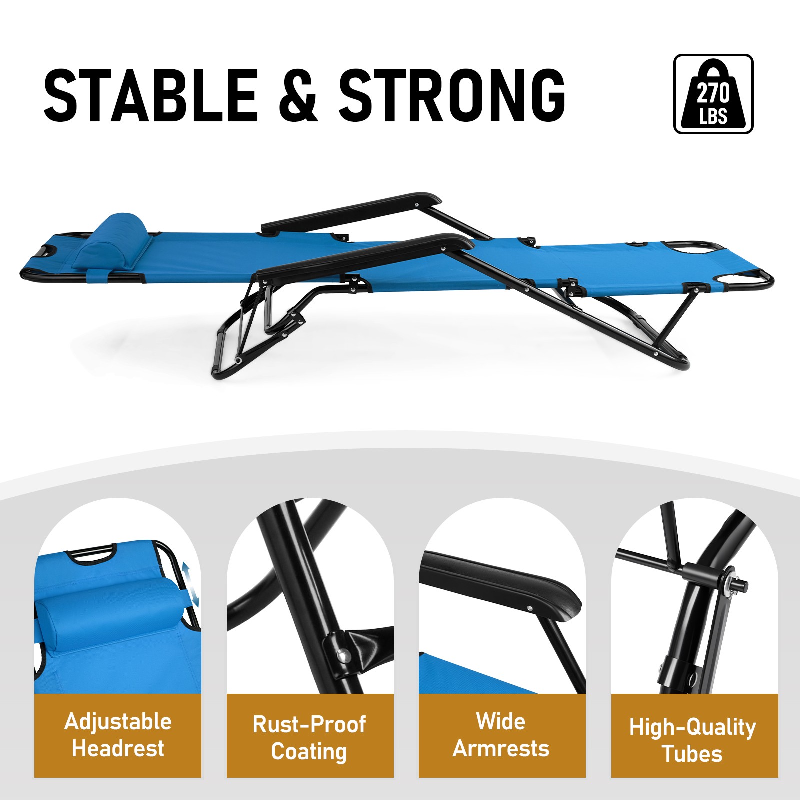 Folding Chaise Lounge Chair for Outdoor, 2-in-1 Portable Tanning Chair