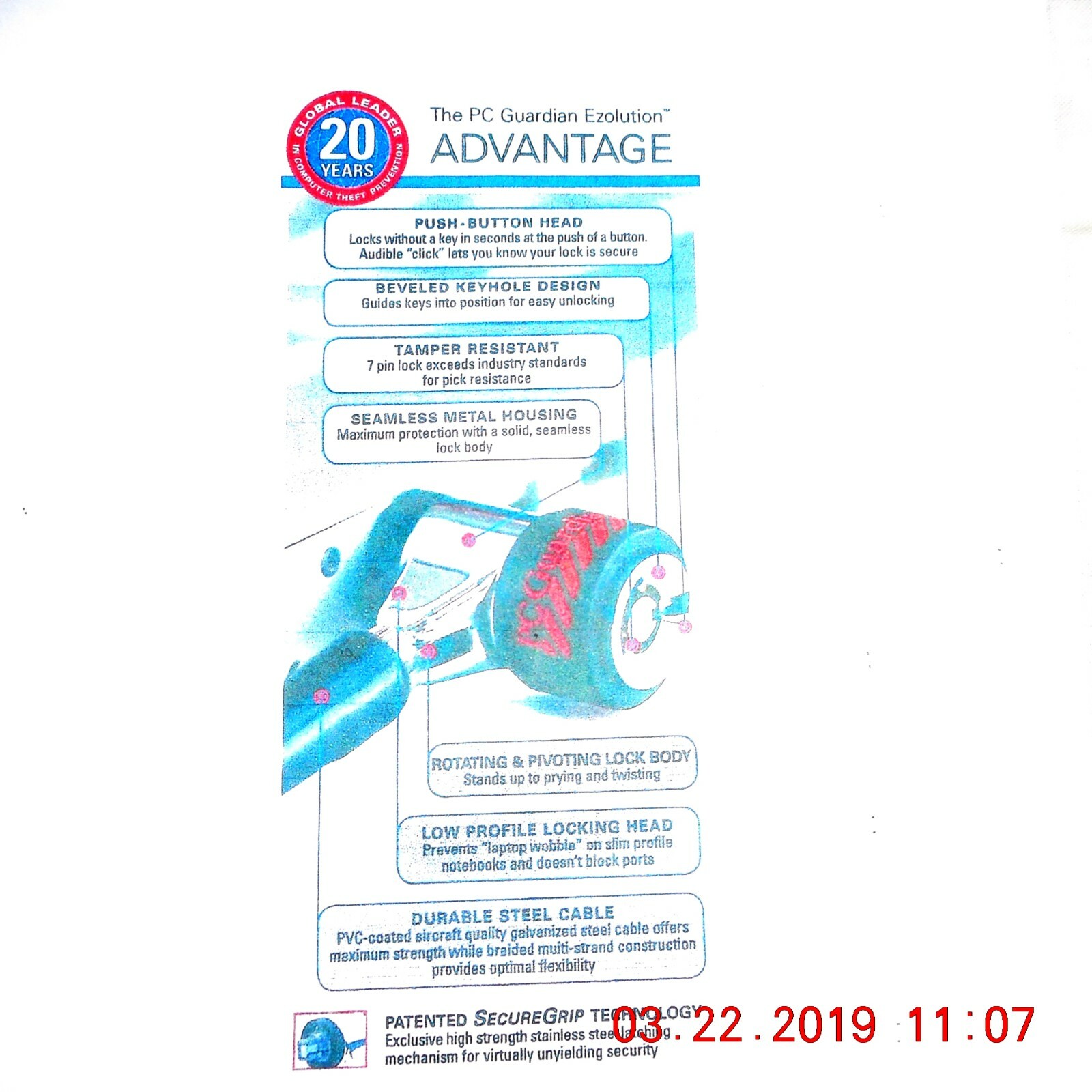 PC GUARDIAN EZOLUTION ADVANTAGE CLASIC TWO KEY SECURITY CABLE LOCK