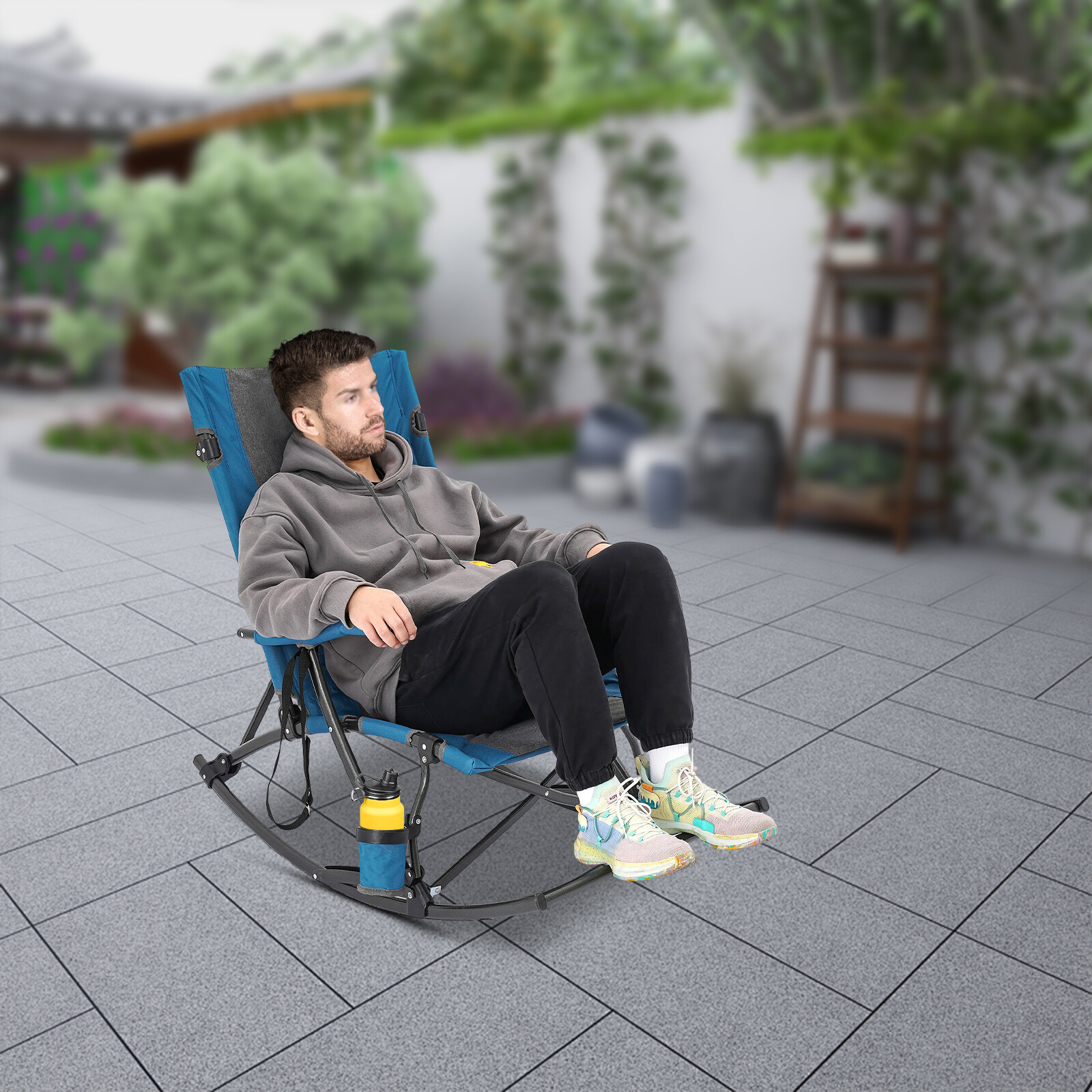Oversized Folding Rocking Camping Chair Outdoor, Portable Chair with Cup Holder