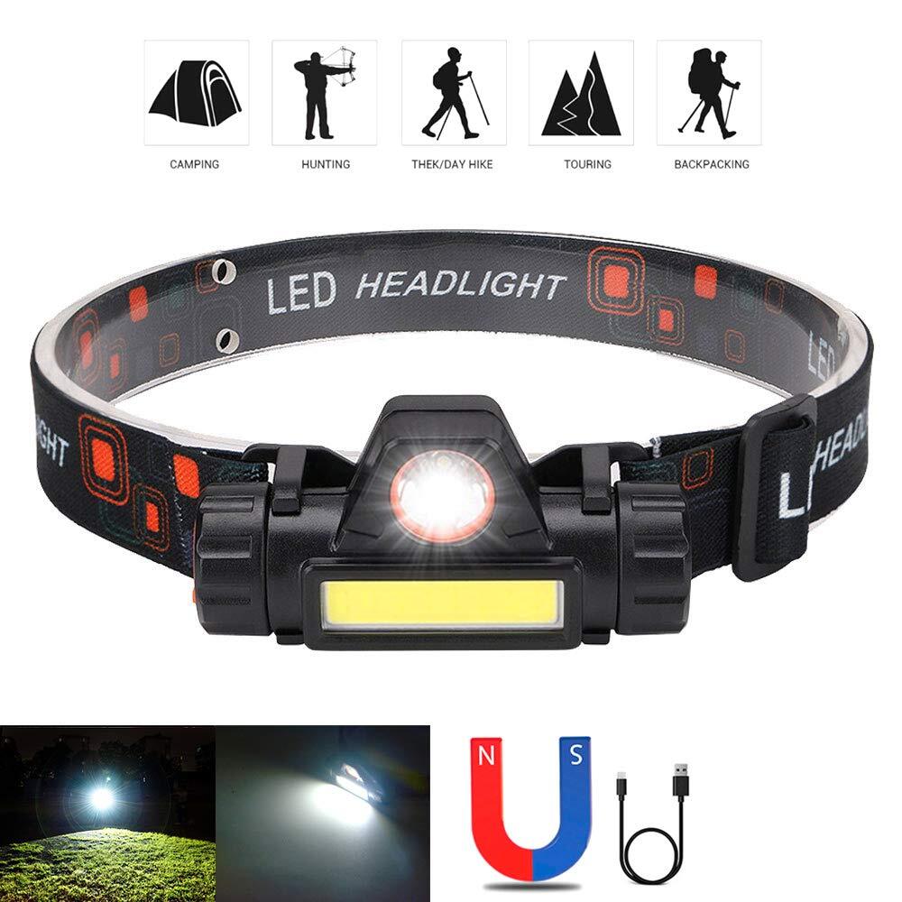 2 Pack Rechargeable Forehead Head Light Night Walking Construction Headlamp Usb
