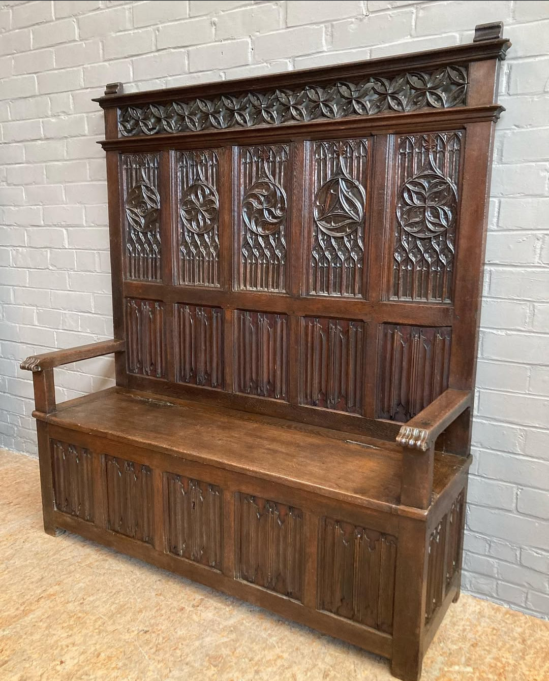 1700's Antique Oak Wood Gothic Bench with Lift lop Seat ARRIVES DEC 2026