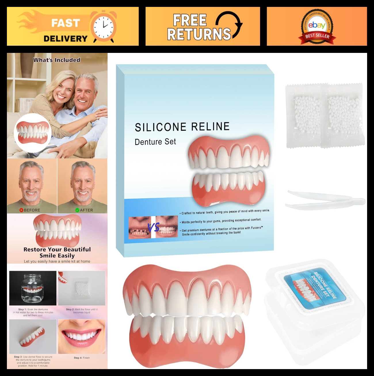 Silicone Reline Denture Kit for Upper & Lower Teeth, Soft Comfortable Veneers