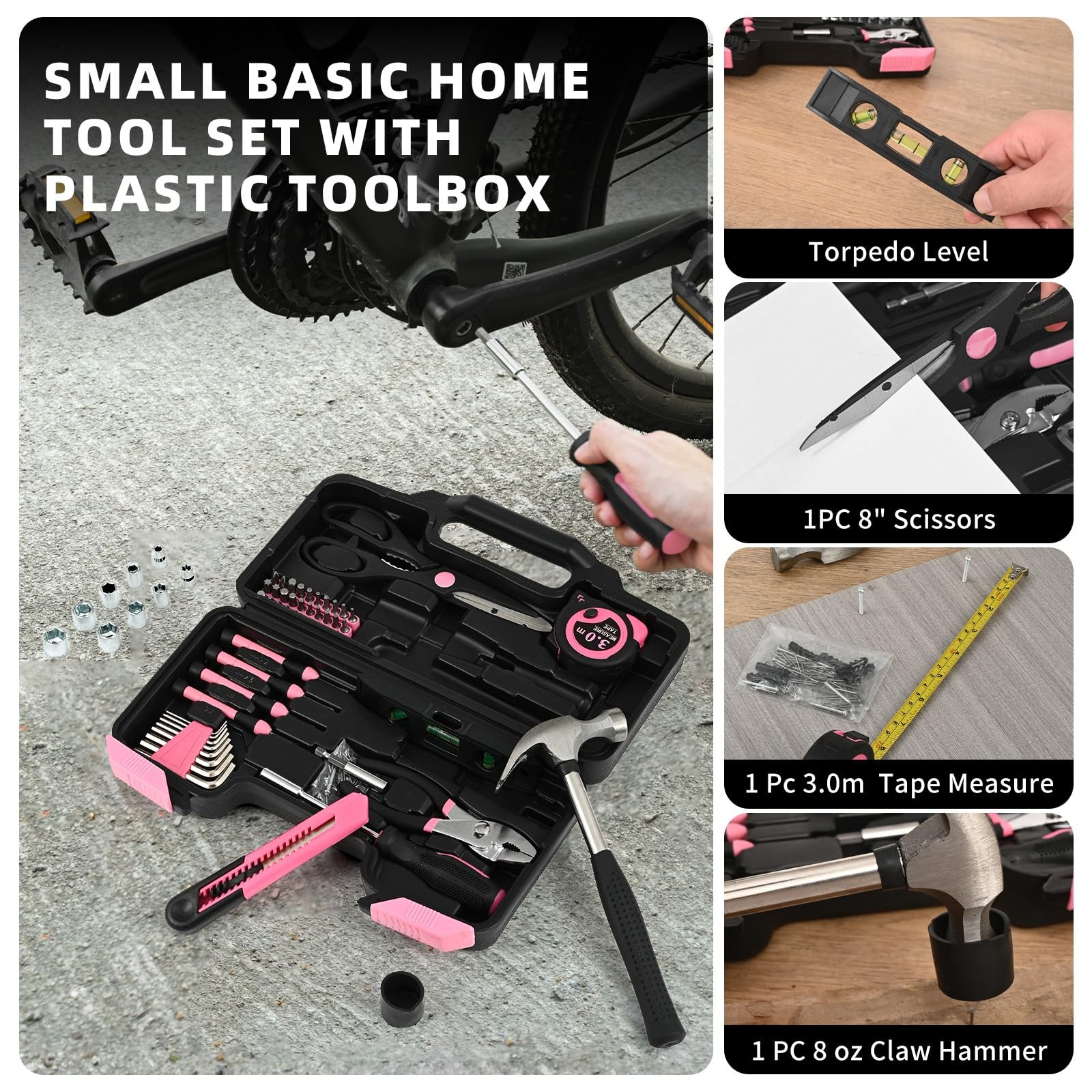 144-Piece Pink Tool Kit Basic Home Repair Tool Set General Household Hand Too...