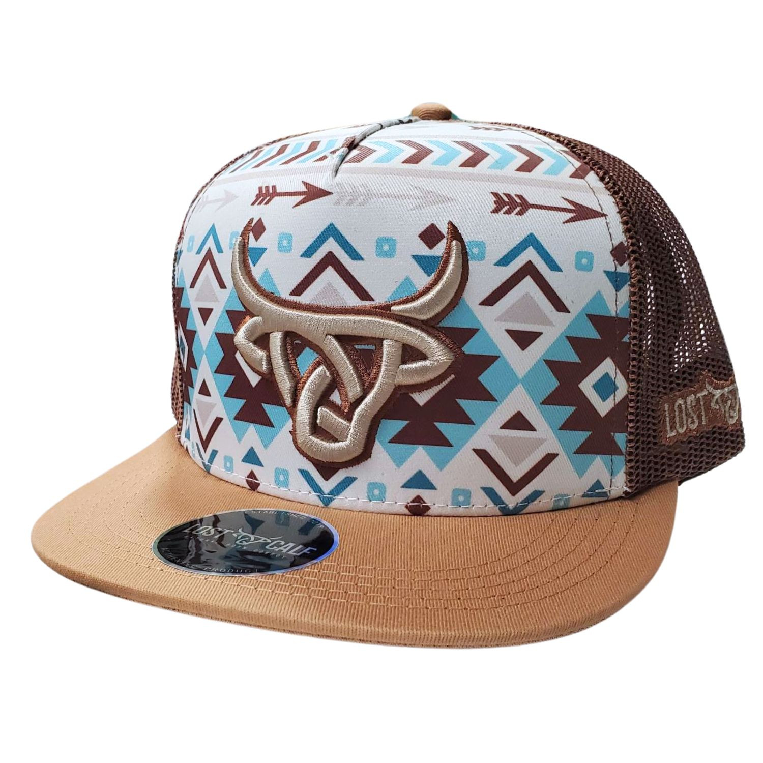 Lost Calf Mens Oakes Flat Bill Adjustable Snapback Cap Hat, Brown/Turquoise