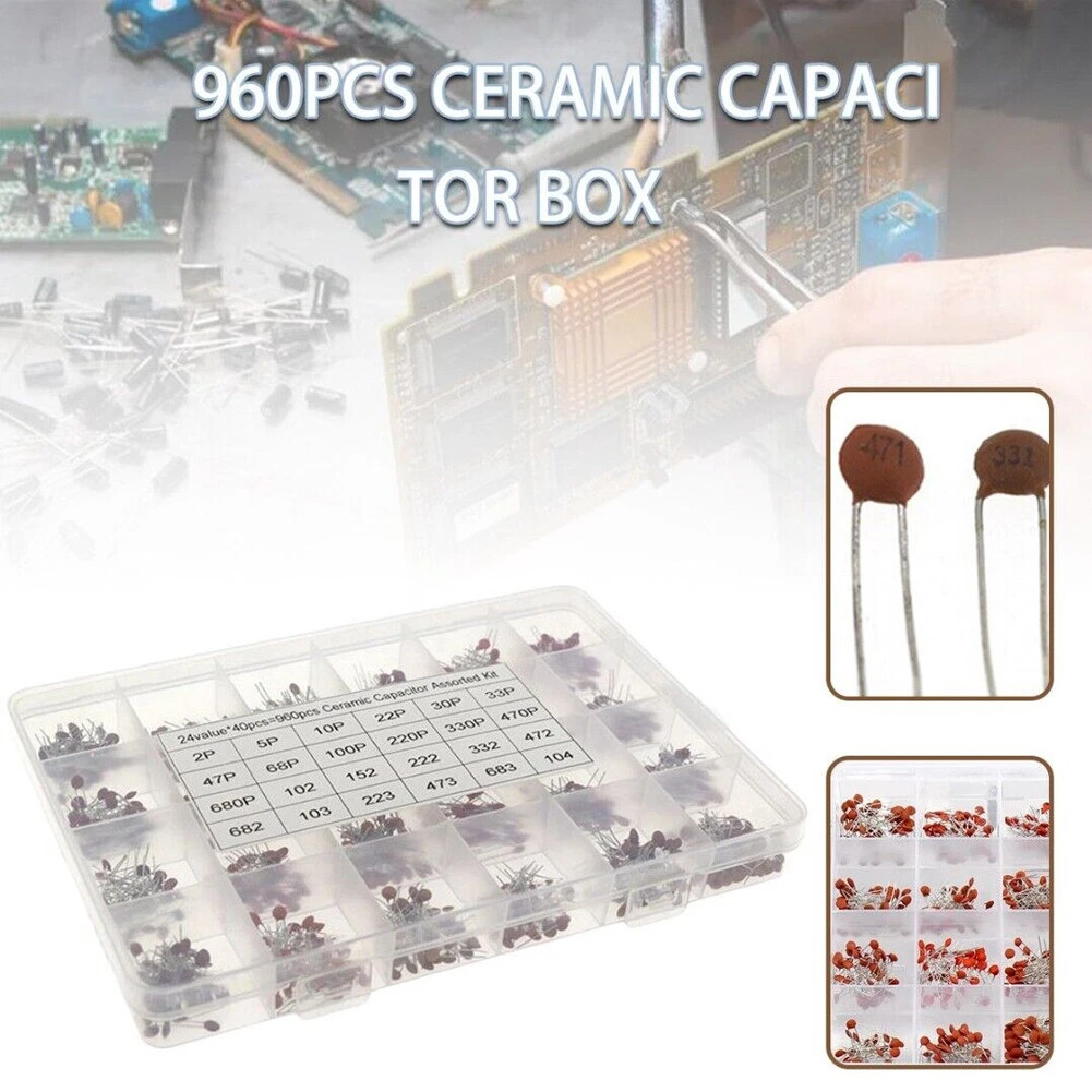 Ceramic Capacitor Assortment Kit,24Value 960PCS 2Pf-100Nf DIP Monolithic Multila