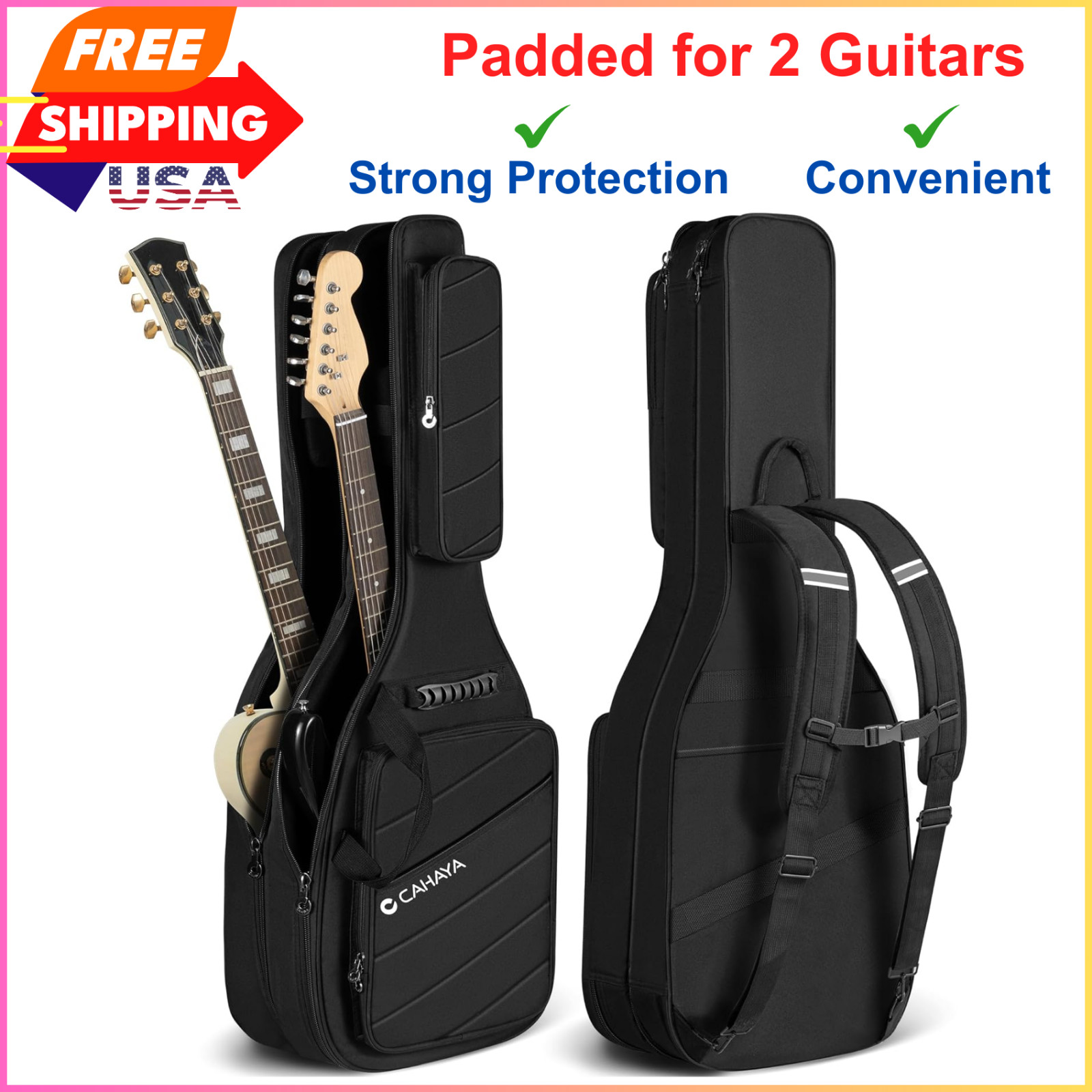 CAHAYA Dual Electric Guitar Gig Bag - Padded for 2 Guitars, Fits ST, TELE & LP