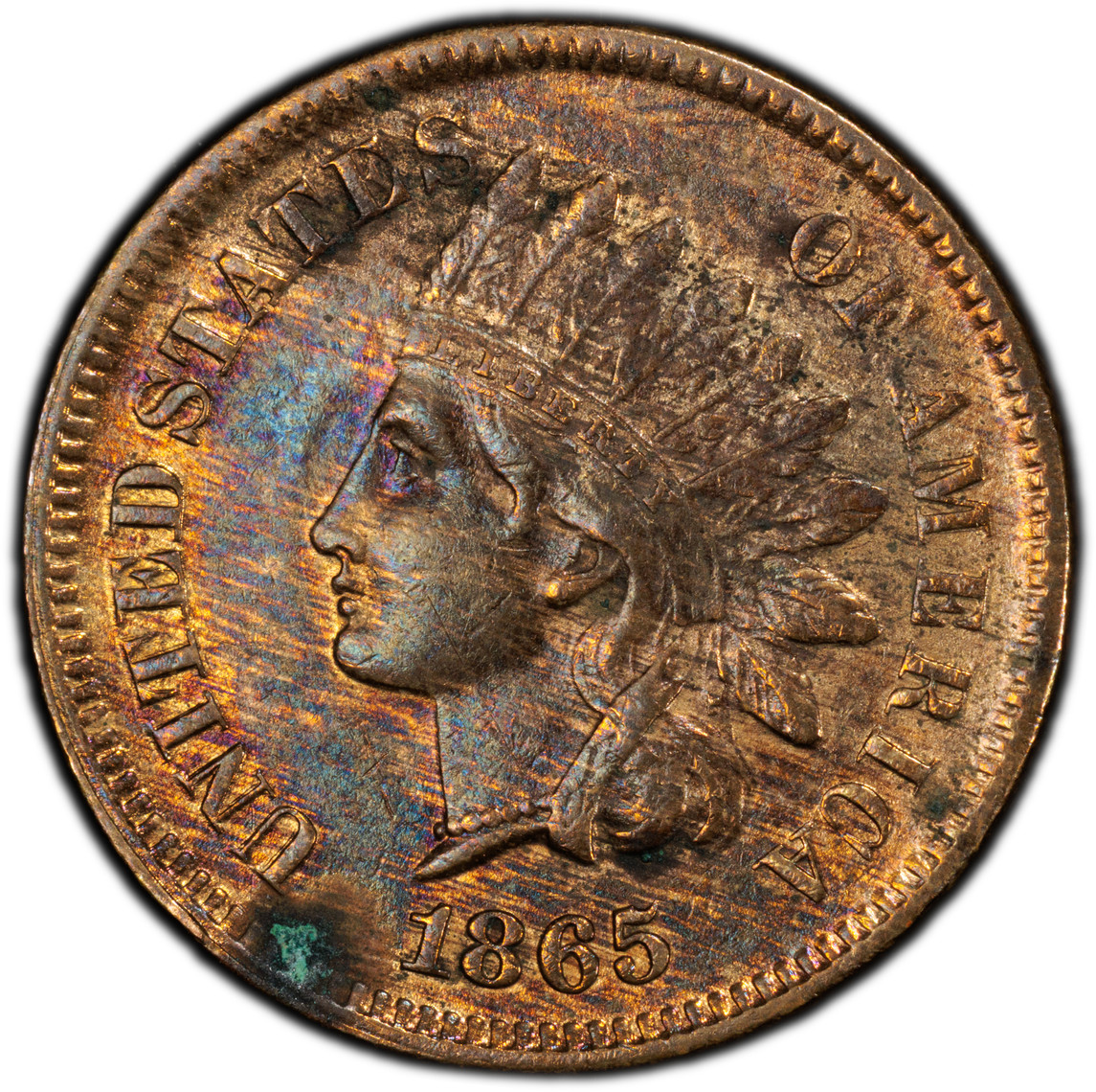 1865 Indian Head Cent - PCGS Genuine AU Detail Rainbow FANCY 5 Natural Toning