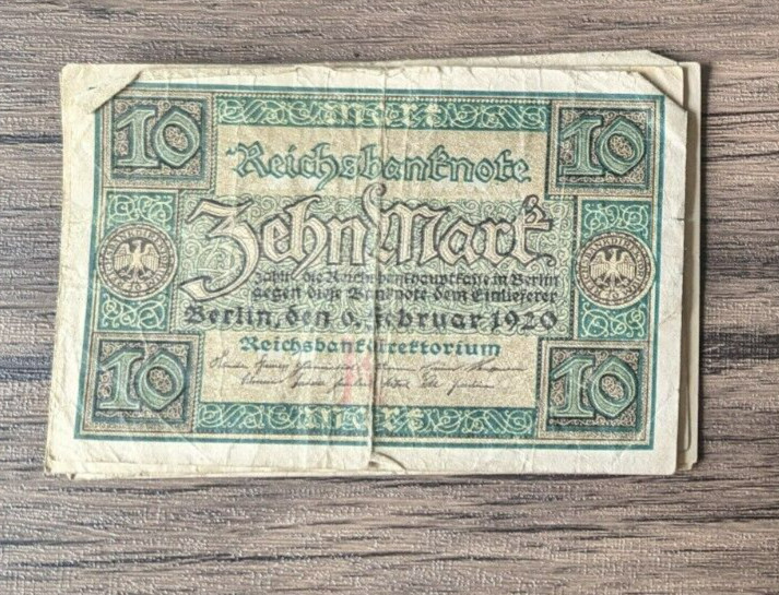 Vintage German Money - REICHSBANKNOTE 10 MARK 1920