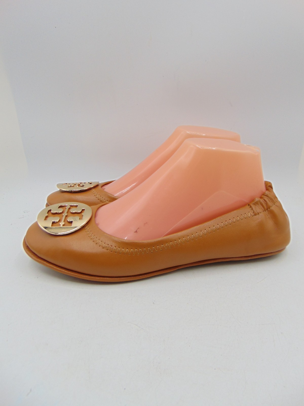 TORY BURCH Minnie Caramel Leather Ballet Flat Gold Logo Sz 9 M