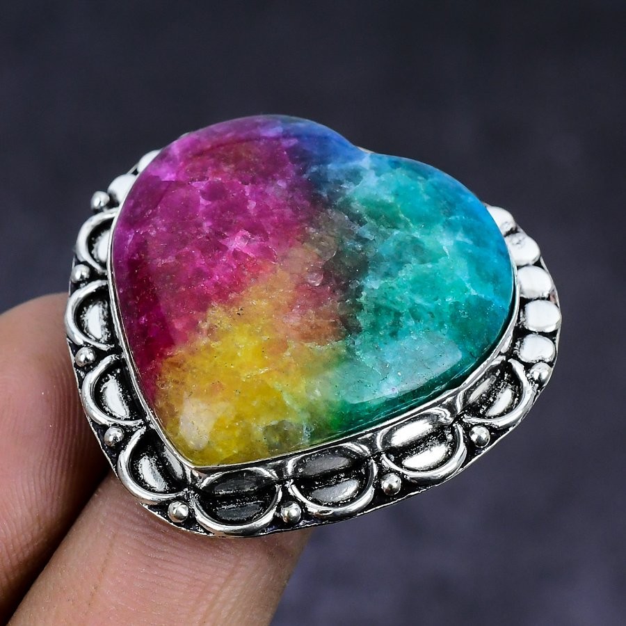 Natural Rainbow Solar Quartz Gemstone 925 Sterling Silver Ring Size 9 Gift n523