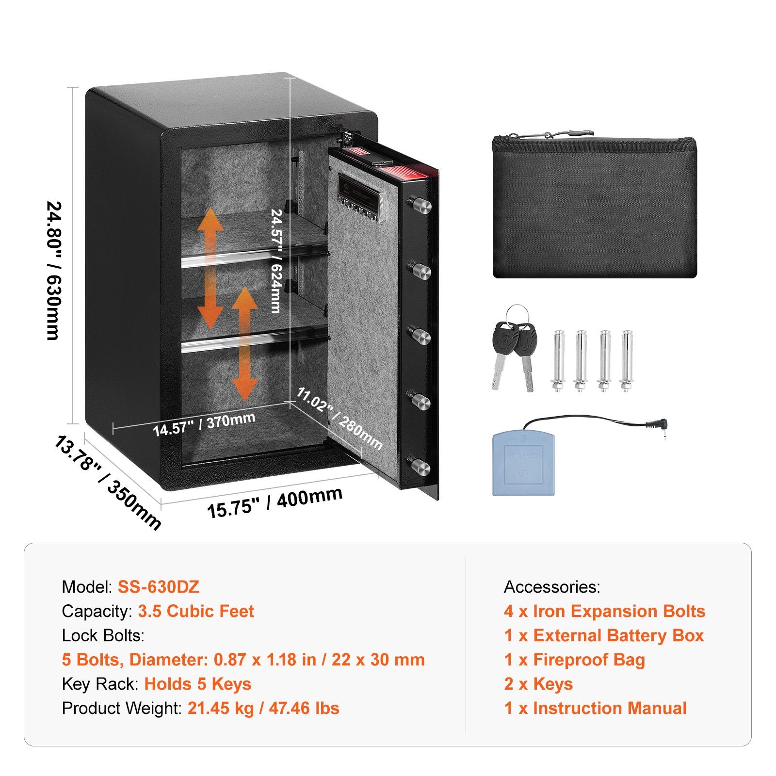 3.5 cu.ft Fireproof Safe Box with Key Lock, Password & LED Light