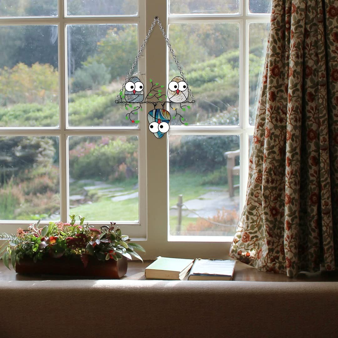 Multicolor Owls Window Hanging Suncatchers Panel Bird Stained Window Hangings...
